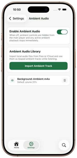 Ambient audio settings screen