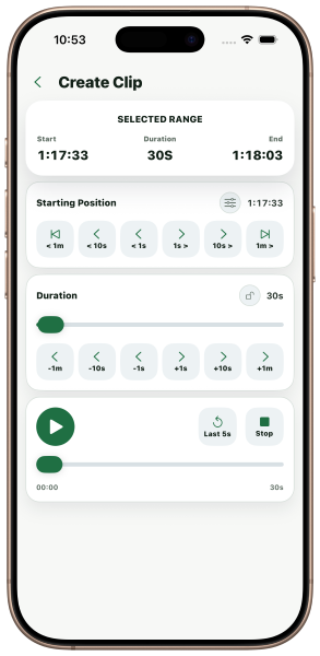 LAABS Audio clip editor showing start and end range controls